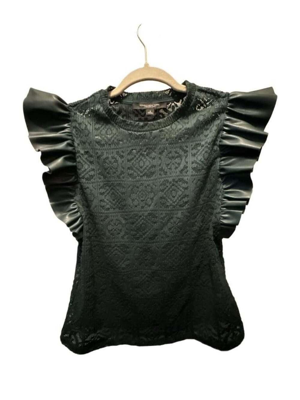 Marc New York Top Size S Green Lace Faux Leather Ruffle Sleeve Blouse